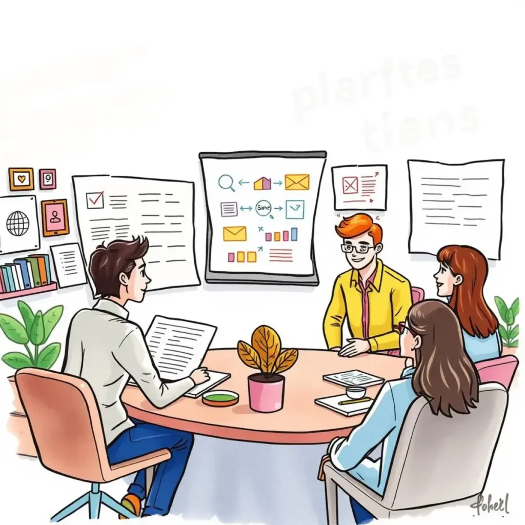 A group of professionals collaborates at a conference table, discussing marketing strategies.