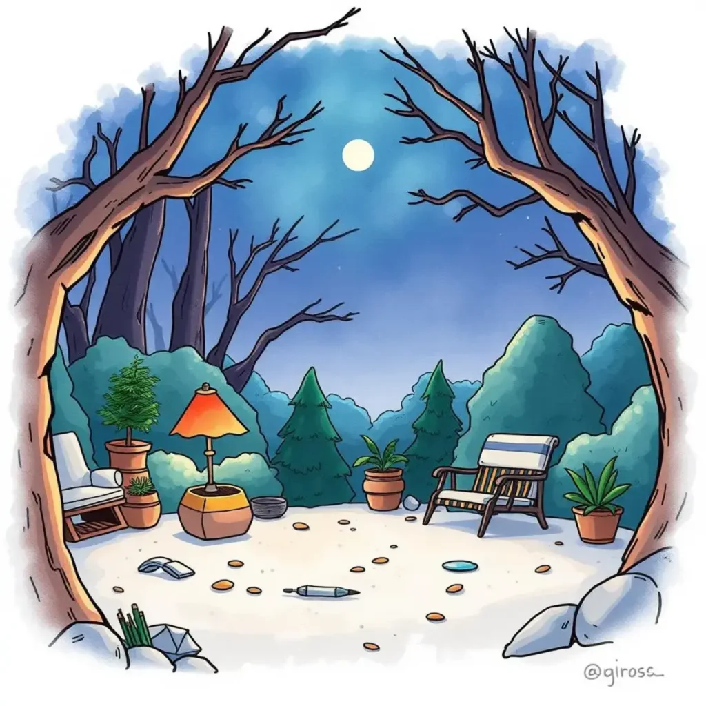 Schedule success engine: Create efficient deadline schedules for content creation 1 A serene outdoor scene with trees, a lamp, and seating.