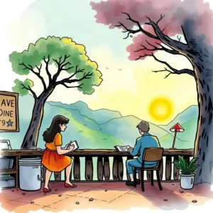 Two individuals brainstorming content ideas against a scenic background.