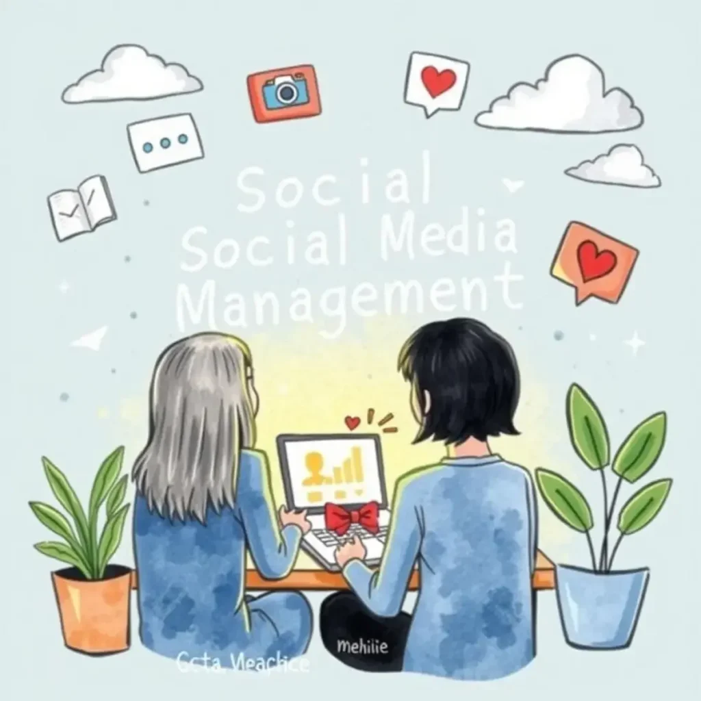 Two individuals collaborating on social media strategies with interactive tools.