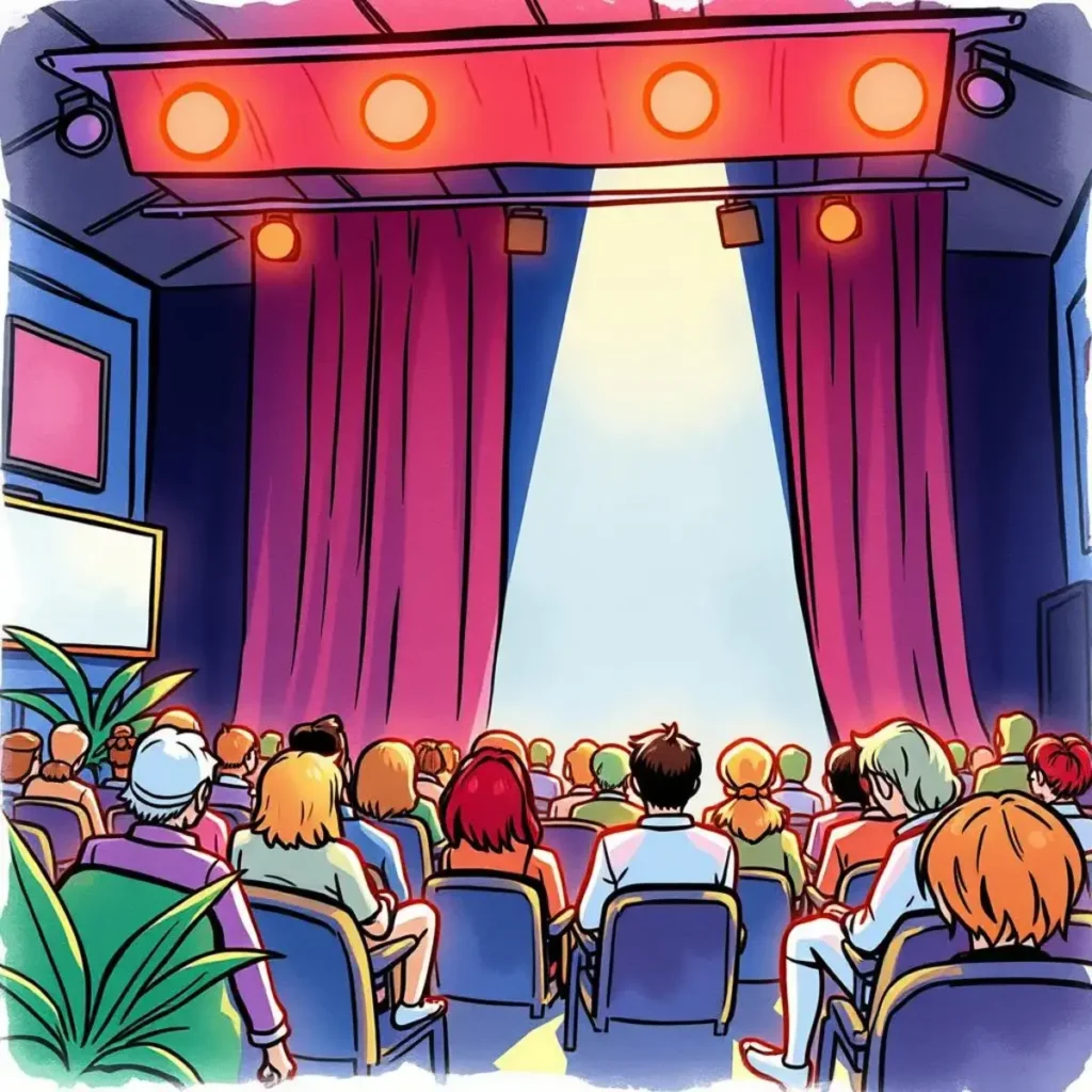 Content trend discoverer: Discover trending content themes from user inputs 1 Audience engaged in a presentation, spotlight highlighting trending content themes.