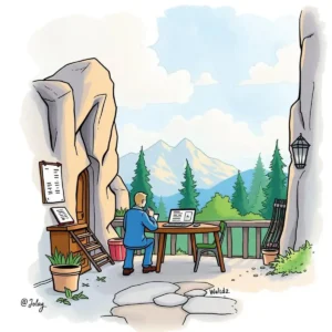 A professional working on a laptop in a serene outdoor setting.
