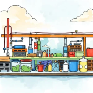 Colorful illustration of a workspace shelf filled with various containers and tools for waste reduction.
