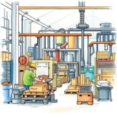 Worker using a laptop in a manufacturing environment focused on improvements.