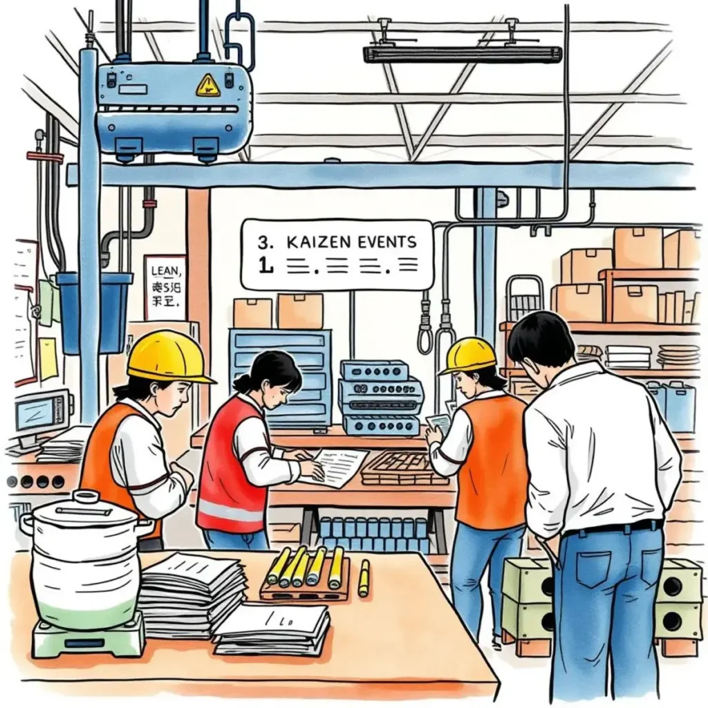 Continuous improvement plan creator: Design actionable steps for lean projects 1 Factory workers engaging in a Kaizen event focused on continuous improvement in manufacturing.