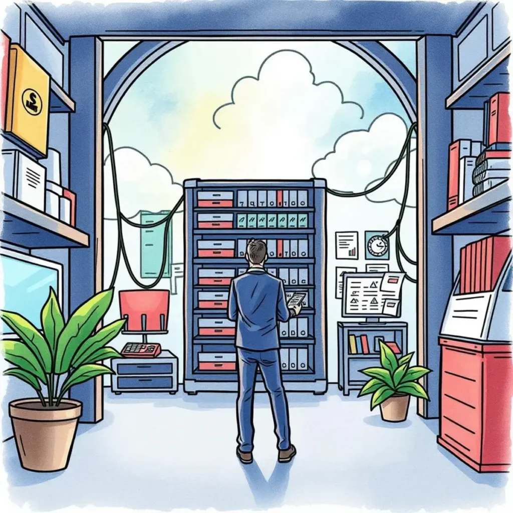 Contract renewal summary tool: Generate concise overviews of contract terms 1 A professional reviewing contract documents in an IT office setting with filing cabinets.