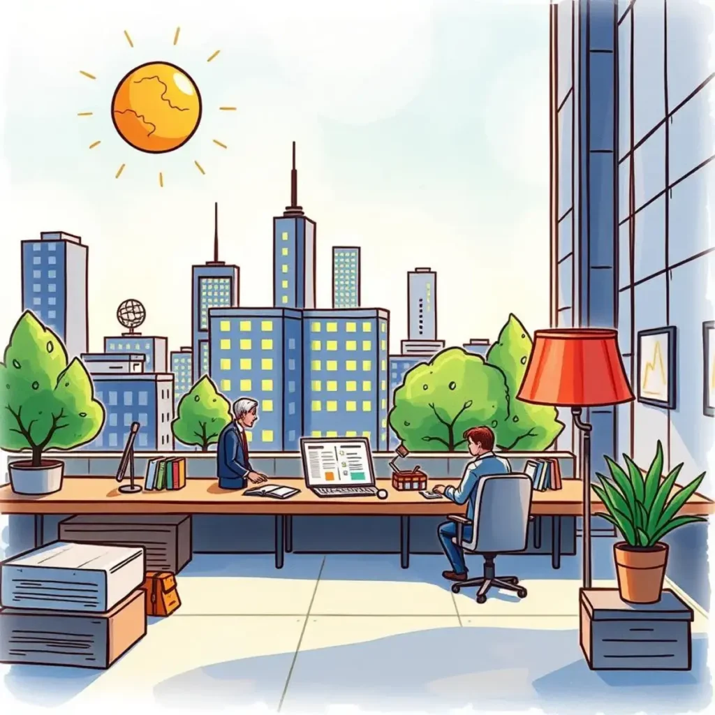 Contract tracker: Keep an overview of all contract renewals 1 A modern office interior depicting two professionals managing contract renewals with a city view.