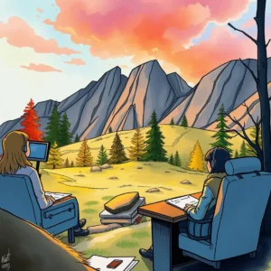 Colleagues reviewing reports against a scenic mountain backdrop.