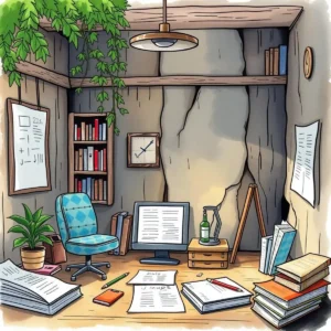 A cozy and organized office space showcasing a computer, books, and various papers for drafting conclusions