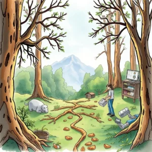 A person analyzing a path through trees, representing root cause analysis.