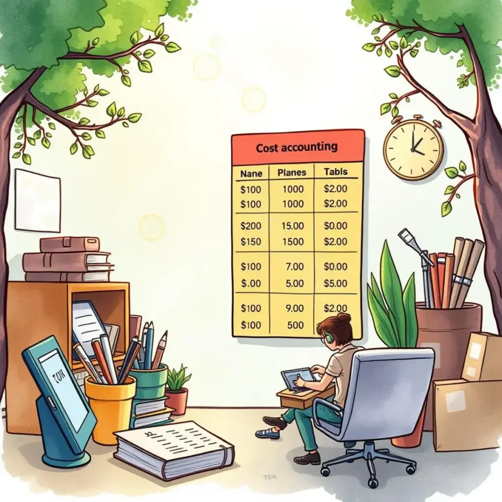 Expense breakdown text analyzer: Summarize and analyze cost breakdowns clearly 1 A cost accountant analyzing expense breakdown in a vibrant office setting.