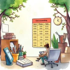 A cost accountant analyzing expense breakdown in a vibrant office setting.