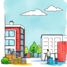 A person analyzing costs outdoors near buildings and financial elements in an operational setting