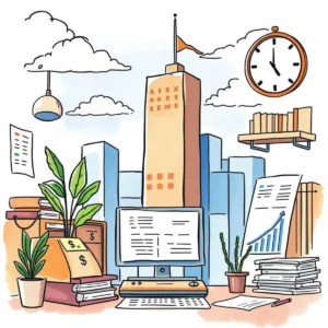 A vibrant office scene featuring a computer, financial documents, plants, and city skyline elements representing budgeting tools.