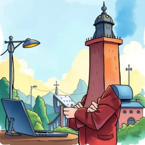 A humorous illustration of a person analyzing data with a tower as their head.