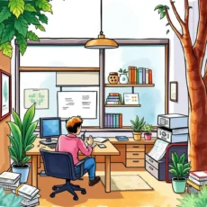 Person using a computer in a bright, organized office setting.