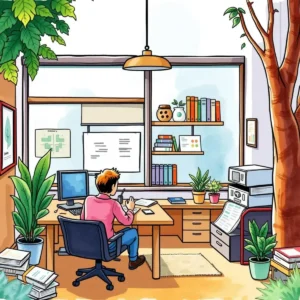 Person using a computer in a bright, organized office setting.