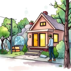 Illustration of a person assessing a house for project cost estimation.