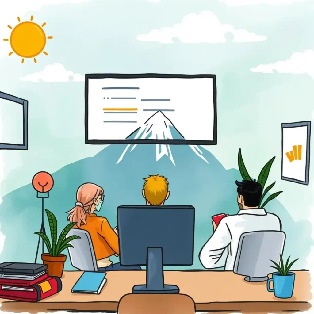 Course Outline Generator tool illustrated in an IT training session with three engaged professionals.