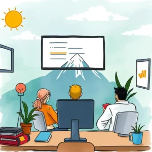 Course Outline Generator tool illustrated in an IT training session with three engaged professionals.
