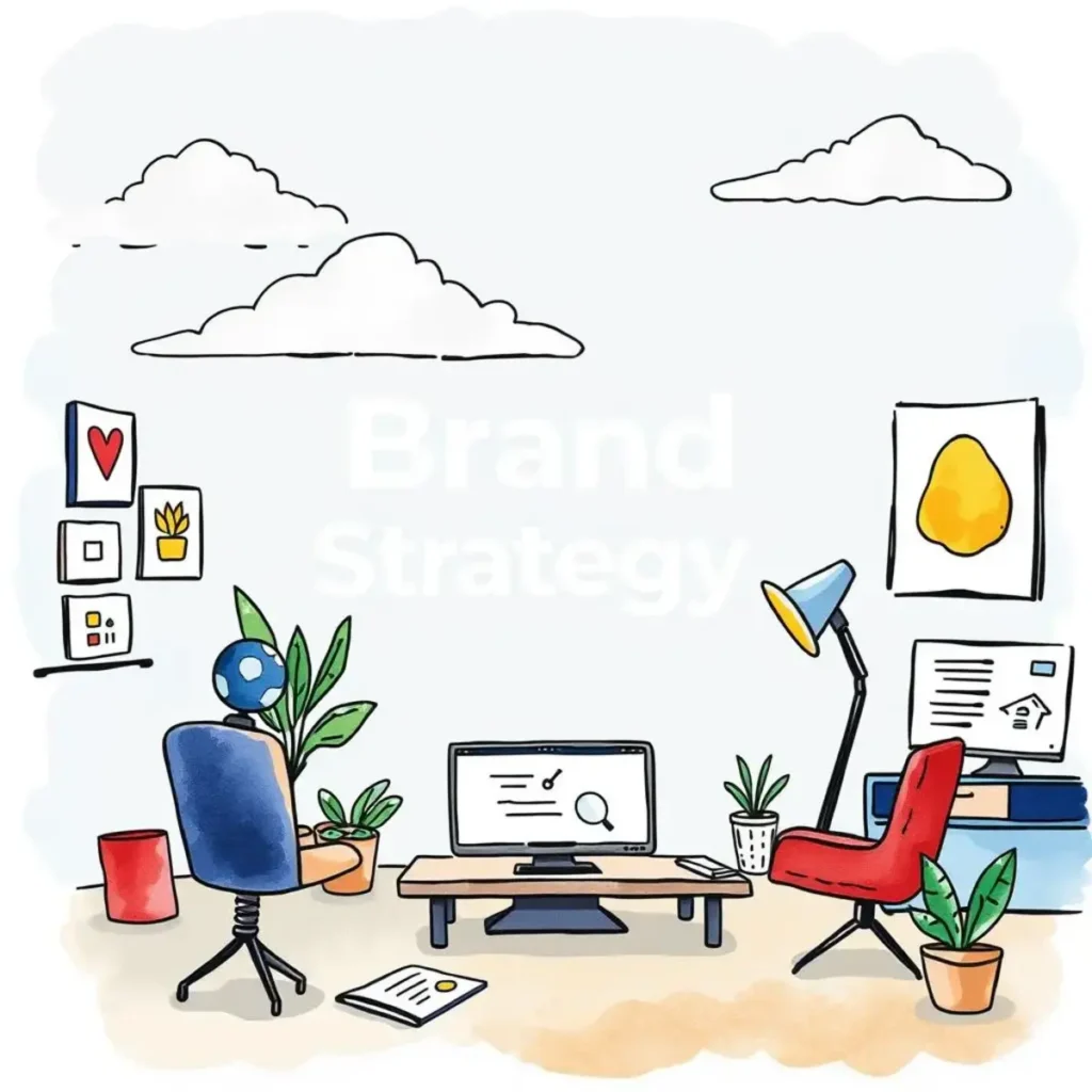 Presentation text creator: Generate content for marketing presentations 1 Cozy office space illustrating brand strategy with a computer and creative decor.