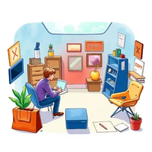 Target audience identifier: Define potential customer personas and interests 4 A person using a laptop in a creatively designed workspace.