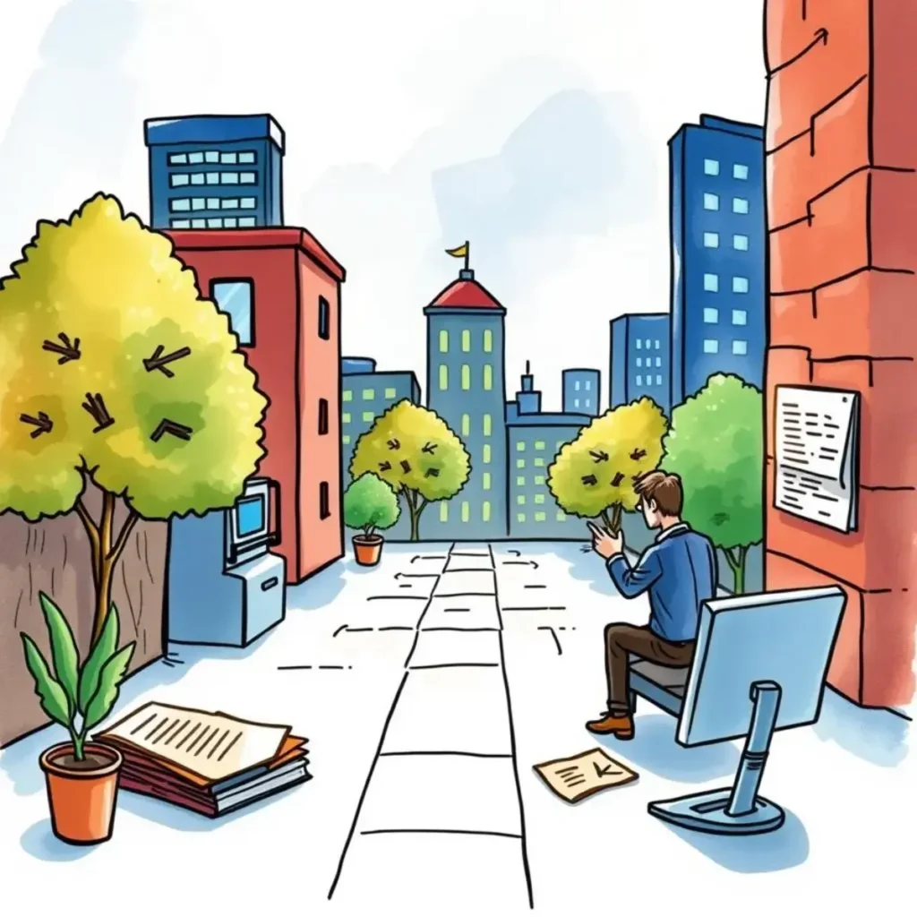 Crisis communication outline creator: Develop communication outline during incidents 1 Crisis Communication Outline Creator tool illustrated by a person strategizing in an outdoor setting with buildings.