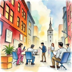 Crisis communication team collaborating in a vibrant city setting during a crisis evaluation meeting.