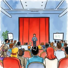 A presenter addresses an audience in a conference setting, highlighting communication strategies.
