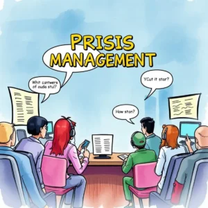 Team collaborating on crisis management strategies with communication tools.
