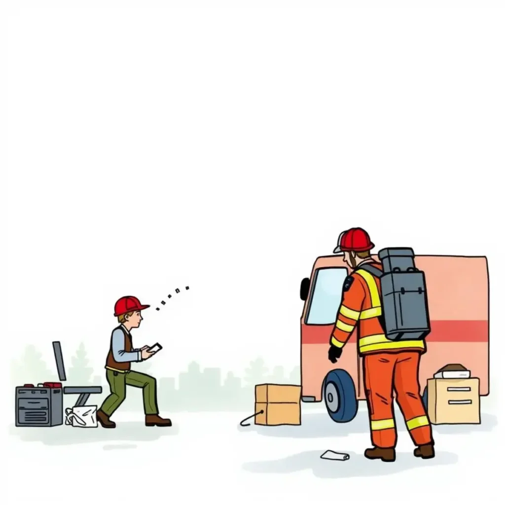 Crisis management drill script creator: Generate scripts for crisis drill exercises 1 Professionals conducting a crisis management drill with equipment and communications.