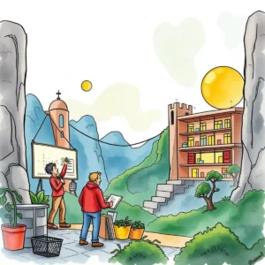 Two individuals discussing a project outdoors with a building and mountains in the background.