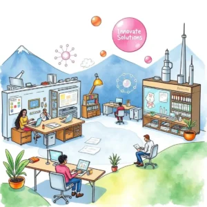 Collaborative workspace illustration showcasing innovation and cross-departmental synergy.