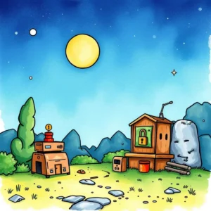 Playful illustration of a secure data processing environment under a bright sky.