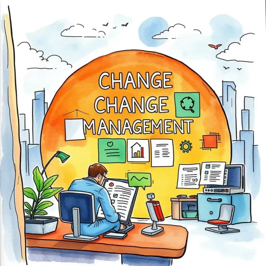 Current state evaluation writer: Compile evaluations of existing operations 1 Illustration of a professional focused on change management tasks.