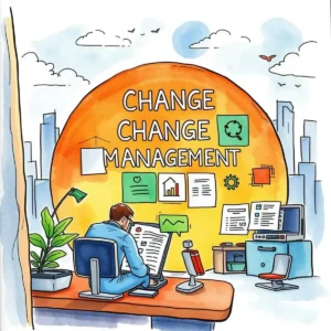 Illustration of a professional focused on change management tasks.