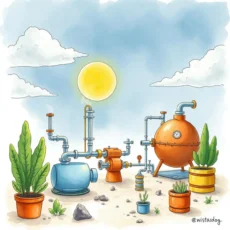 A vibrant illustration of a process mapping setup with pipes, tanks, and plants under a sunny sky.