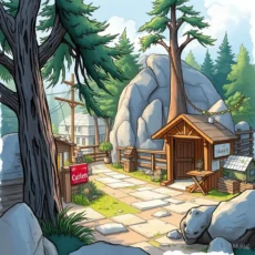 A serene, nature-inspired scene featuring a rustic pathway leading to a cabin and large rocks.