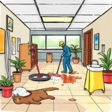 Technician cleaning spilled liquid on a tiled hallway floor.