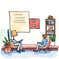 Two characters discussing personalized email templates in a cozy office setting.