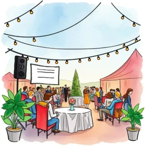 Custom Question Designer tool in a vibrant outdoor event setup with attendees engaging in discussions