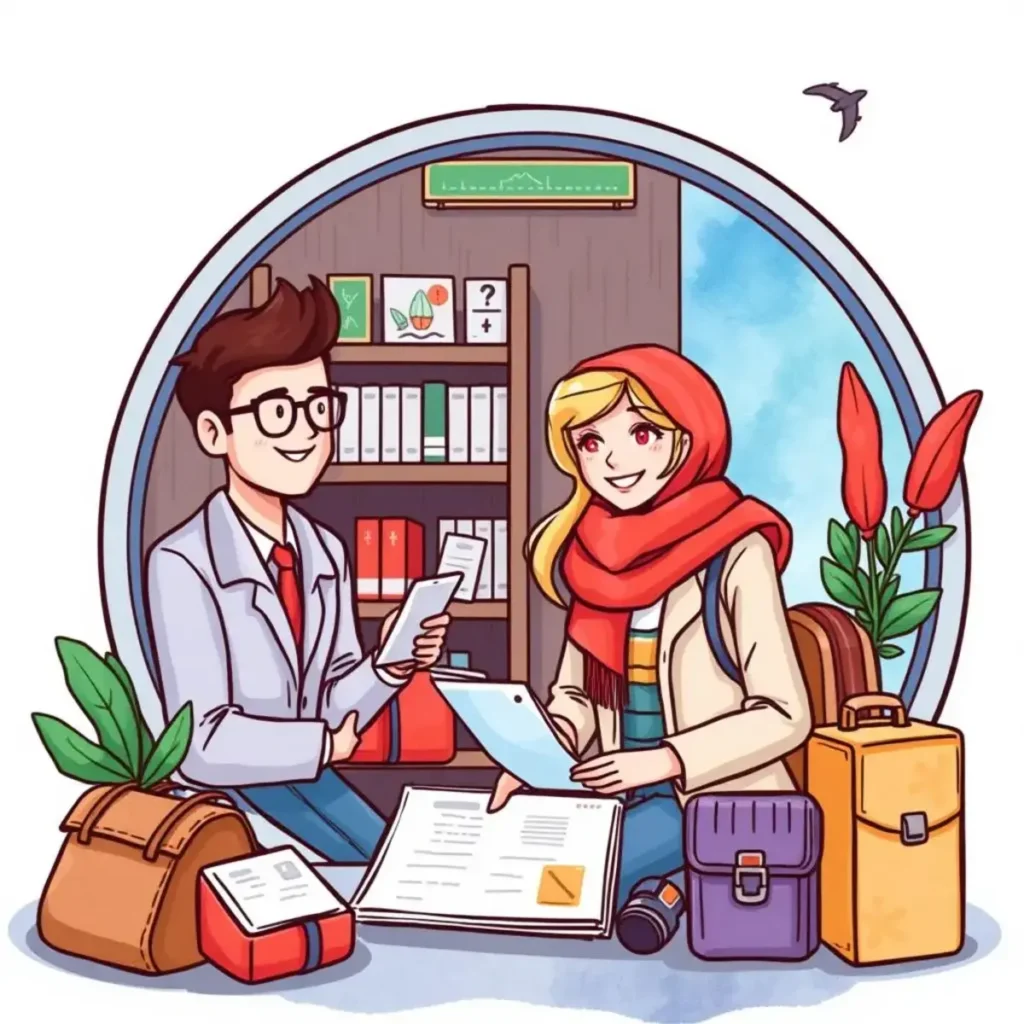 Custom travel message creator: Craft personalized messages for travelers 1 A travel coordinator and an assistant discussing travel arrangements over documents and bags