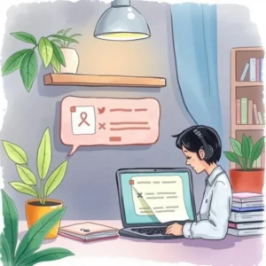 A person using a laptop to create customer check-in messages in a cozy workspace with plants.