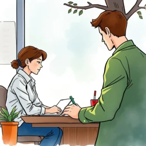 A customer service representative and a client engage in an interactive discussion at a desk.