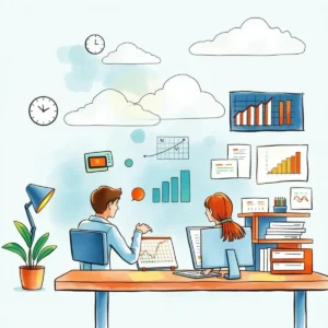 Customer data visualizer: Transform text data into visual summaries 4 Two analysts discussing customer data visualizations in an office.