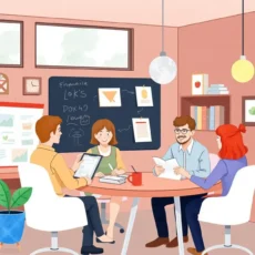 A group of professionals collaborating in a modern office setting around a table.