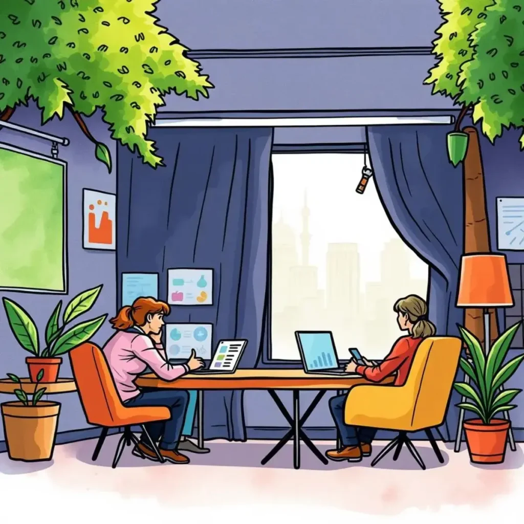 Engagement campaign idea generator: Craft captivating campaign concepts 1 Two professionals brainstorming campaign ideas in a modern office setting.