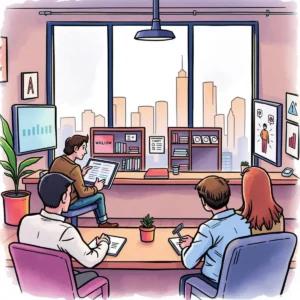 Engagement Content Planner brainstorming session in a modern office setting with skyline view