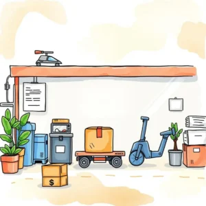 A colorful illustration of a warehouse space for returns management tasks.