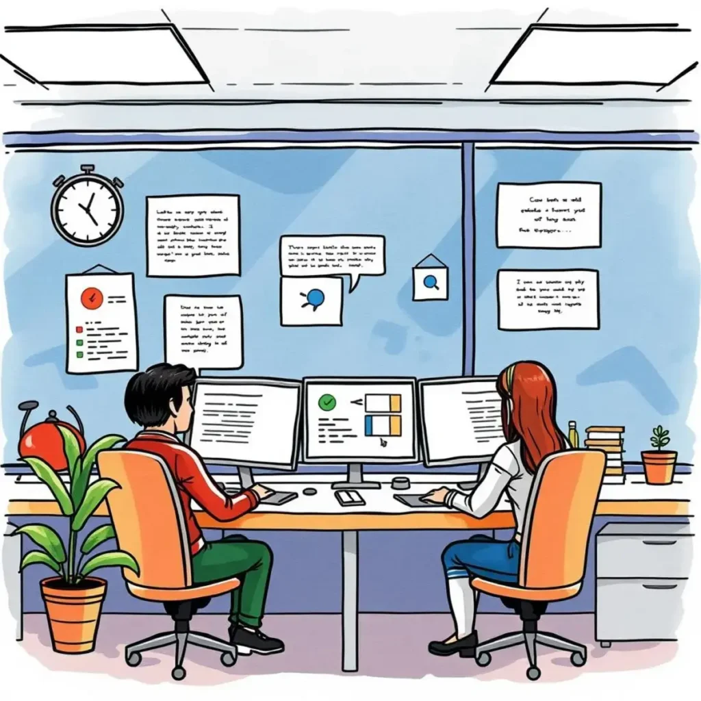 Customer experience assistant: Summarize customer feedback into key points 1 Customer feedback analysts collaborating with dual monitors in a modern office setting